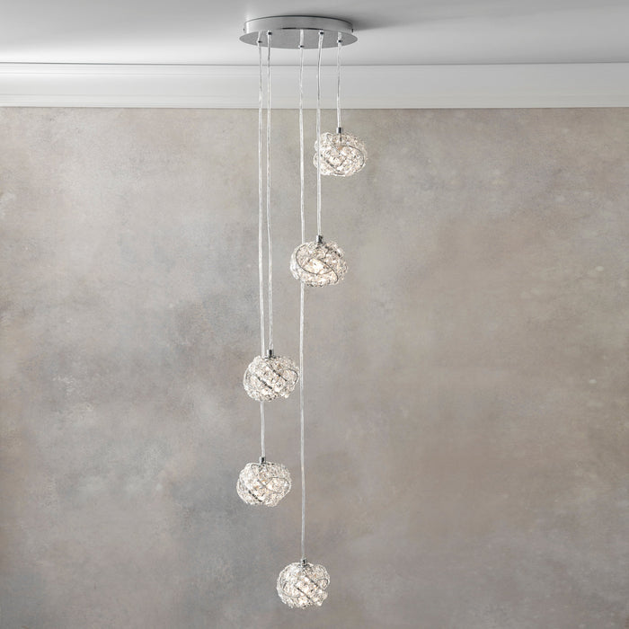 Endon 77566 Talia 5lt Pendant Chrome plate & clear crystal 5 x 28W G9 clear capsule (Required) - westbasedirect.com