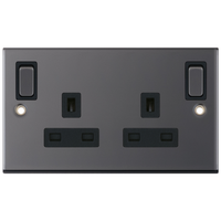 Selectric DSL485 5M 2 Gang 13A Switched DP Socket Outlet with Outboard Rockers & 2 Earth Terminals - Black Nickel, Black Insert