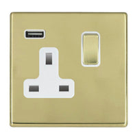 Hamilton 7G21SS1USBPB-W Hartland G2 Screwless 1G 13A SP Switched Socket with 1x USB Type-A (2.1A) - Polished Brass, White Insert