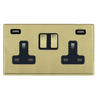 Hamilton 7G21SS2USBULTPB-B Hartland G2 Screwless 2G 13A DP Switched Socket with 2x USB Type-A (2.4A) - Polished Brass, Black Insert