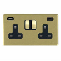 Hamilton 7G22SS2USBCSB-B Hartland G2 Screwless 2G 13A DP Switched Socket with 1x USB Type-A & 1x USB Type-C (2.4A) - Satin Brass, Black Insert