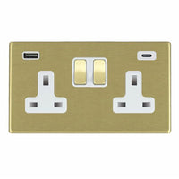 Hamilton 7G22SS2USBCSB-W Hartland G2 Screwless 2G 13A DP Switched Socket with 1x USB Type-A & 1x USB Type-C (2.4A) - Satin Brass, White Insert