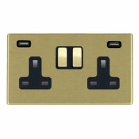 Hamilton 7G22SS2USBULTSB-B Hartland G2 Screwless 2G 13A DP Switched Socket with 2x USB Type-A (2.4A) - Satin Brass, Black Insert