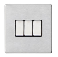 Hamilton 7G24R23SS-B Hartland G2 Screwless 3G 10AX 2 Way Plate Switch - Satin Stainless, Black Insert