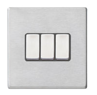 Hamilton 7G24R23SS-QG Hartland G2 Screwless 3G 10AX 2 Way Plate Switch - Satin Stainless, Quartz Grey Insert