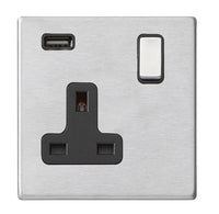 Hamilton 7G24SS1USBSS-B Hartland G2 Screwless 1G 13A SP Switched Socket with 1x USB Type-A (2.1A) - Satin Stainless, Black Insert