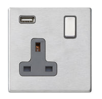 Hamilton 7G24SS1USBSS-QG Hartland G2 Screwless 1G 13A SP Switched Socket with 1x USB Type-A (2.1A) - Satin Stainless, Quartz Grey Insert