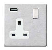 Hamilton 7G24SS1USBSS-W Hartland G2 Screwless 1G 13A SP Switched Socket with 1x USB Type-A (2.1A) - Satin Stainless, White Insert