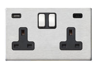 Hamilton 7G24SS2USBCSS-B Hartland G2 Screwless 2G 13A DP Switched Socket with 1x USB Type-A & 1x USB Type-C (2.4A) - Satin Stainless, Black Insert