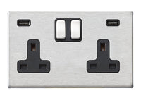 Hamilton 7G24SS2USBULTSS-B Hartland G2 Screwless 2G 13A DP Switched Socket with 2x USB Type-A (2.4A) - Satin Stainless, Black Insert