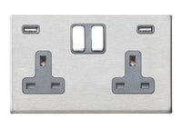 Hamilton 7G24SS2USBULTSS-QG Hartland G2 Screwless 2G 13A DP Switched Socket with 2x USB Type-A (2.4A) - Satin Stainless, Quartz Grey Insert
