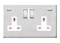 Hamilton 7G24SS2USBULTSS-W Hartland G2 Screwless 2G 13A DP Switched Socket with 2x USB Type-A (2.4A) - Satin Stainless, White Insert