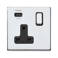 Hamilton 7G27SS1USBBC-B Hartland G2 Screwless 1G 13A SP Switched Socket with 1x USB Type-A (2.1A) - Bright Chrome, Black Insert