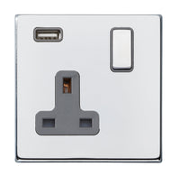 Hamilton 7G27SS1USBBC-QG Hartland G2 Screwless 1G 13A SP Switched Socket with 1x USB Type-A (2.1A) - Bright Chrome, Quartz Grey Insert