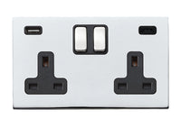 Hamilton 7G27SS2USBCBC-B Hartland G2 Screwless 2G 13A DP Switched Socket with 1x USB Type-A & 1x USB Type-C (2.4A) - Bright Chrome, Black Insert