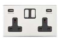 Hamilton 7G27SS2USBULTBC-B Hartland G2 Screwless 2G 13A DP Switched Socket with 2x USB Type-A (2.4A) - Bright Chrome, Black Insert