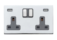 Hamilton 7G27SS2USBULTBC-QG Hartland G2 Screwless 2G 13A DP Switched Socket with 2x USB Type-A (2.4A) - Bright Chrome, Quartz Grey Insert