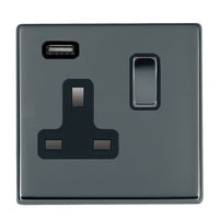 Hamilton 7G28SS1USBBK-B Hartland G2 Screwless 1G 13A SP Switched Socket with 1x USB Type-A (2.1A) - Black Nickel, Black Insert