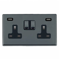 Hamilton 7G28SS2USBULTBK-B Hartland G2 Screwless 2G 13A DP Switched Socket with 2x USB Type-A (2.4A) - Black Nickel, Black Insert