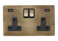Hamilton 7G29SS2USBULTAB-B Hartland G2 Screwless 2G 13A DP Switched Socket with 2x USB Type-A (2.4A) - Antique Brass, Black Insert