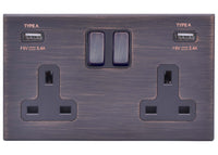 Hamilton 7G2EBSS2USBULTEB-B Hartland G2 Screwless 2G 13A DP Switched Socket with 2x USB Type-A (2.4A) - Etrium Bronze, Black Insert