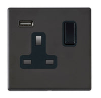 Hamilton 7G2MBSS1USBBL-B Hartland G2 Screwless 1G 13A SP Switched Socket with 1x USB Type-A (2.1A) - Matt Black, Black Insert