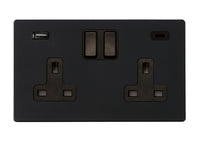 Hamilton 7G2MBSS2USBCBL-B Hartland G2 Screwless 2G 13A DP Switched Socket with 1x USB Type-A & 1x USB Type-C (2.4A) - Matt Black, Black Insert