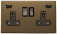 Hamilton 7G2RBSS2USBULTBL-B Hartland G2 Screwless 2G 13A DP Switched Socket with 2x USB Type-A (2.4A) - Richmond Bronze, Black Insert