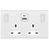 Selectric 5MPLUS-986 5M-PLUS Screwless 2 Gang 13A Switched SP Socket Outlet (Outboard Rockers) + 2 Earth Terminal with 1x USB Type-A (2.4A) & 1x USB Type-C (3A) - Matt White, White Insert