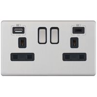 Selectric 5MPLUS-263 5M-PLUS Screwless 2 Gang 13A Switched Socket Outlet with 1x USB Type-A (2.4A) & 1x USB Type-C (3A) - Satin Chrome, Black Insert