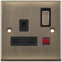 Selectric 7MPRO-623 7M-PRO 1 Gang 13A Switched DP Socket Outlet with Neon - Antique Brass, Black Insert