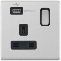 Selectric 5MPLUS-260 5M-PLUS Screwless 1 Gang 13A Switched Socket Outlet with 1x USB Type-A (2.1A) - Satin Chrome, Black Insert