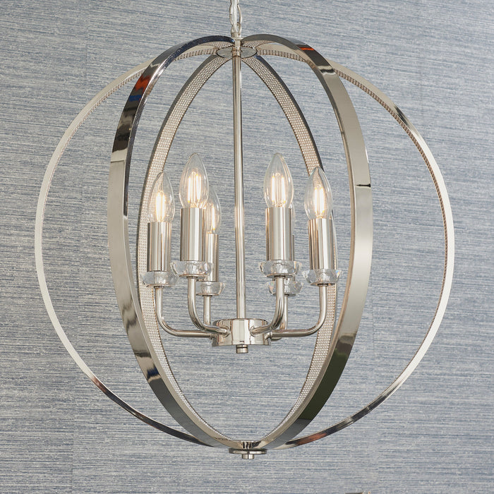 Endon 81508 Ritz 6lt Pendant Bright nickel plate with clear crystal & faceted acrylic 6 x 40W E14 candle (Required) - westbasedirect.com