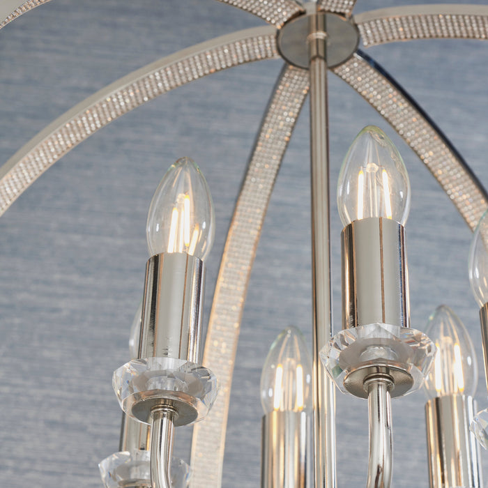 Endon 81508 Ritz 6lt Pendant Bright nickel plate with clear crystal & faceted acrylic 6 x 40W E14 candle (Required) - westbasedirect.com