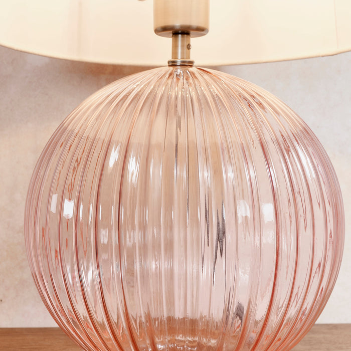 Endon 81909 Jemma 1lt Table Dusky pink ribbed glass & satin nickel plate 10W LED E27 (Required) - westbasedirect.com