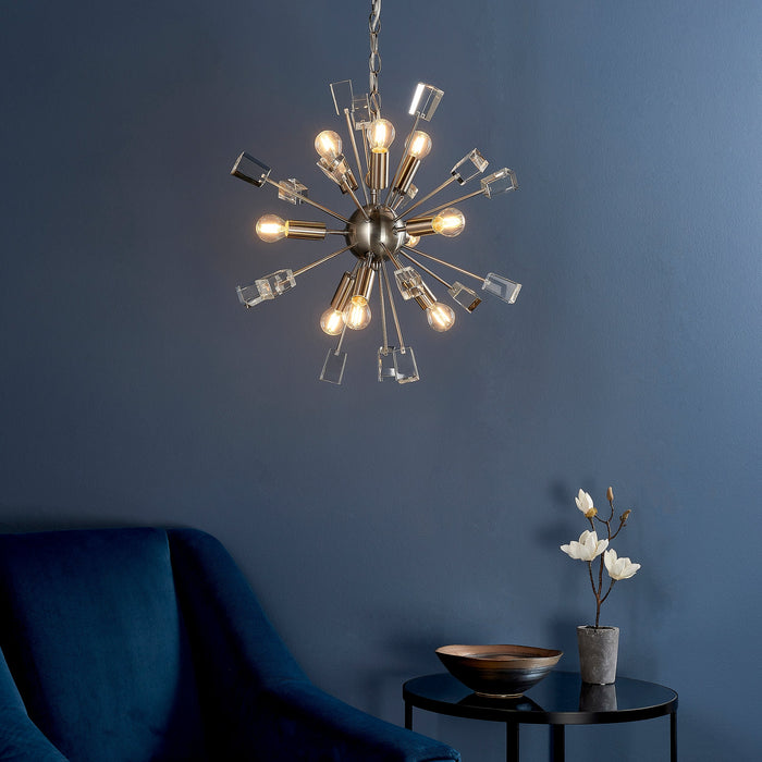 Endon 81917 Miro 9lt Pendant Satin nickel plate & clear crystal 9 x 6W LED E14 (Required) - westbasedirect.com