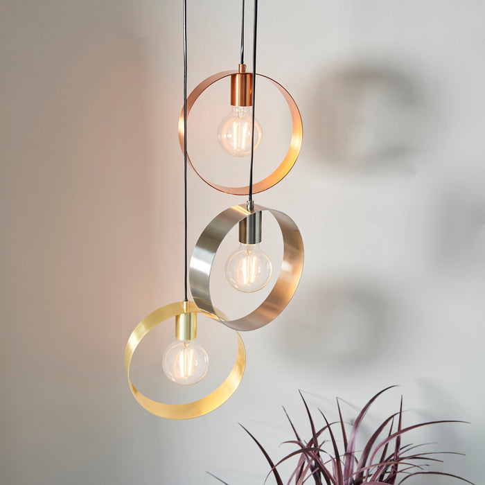 Endon 81922 Hoop 3lt Pendant Brushed brass, nickel & copper plate 3 x 40W E27 GLS (Required) - westbasedirect.com