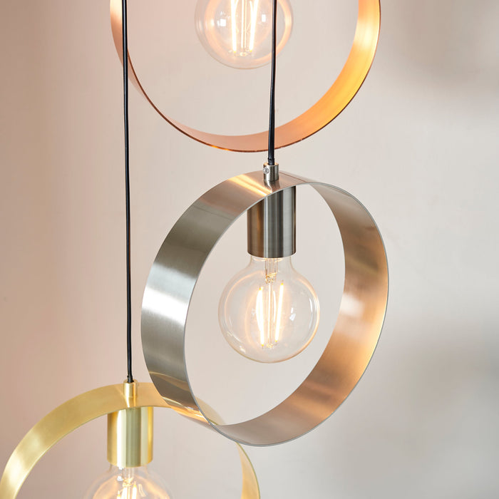 Endon 81922 Hoop 3lt Pendant Brushed brass, nickel & copper plate 3 x 40W E27 GLS (Required) - westbasedirect.com