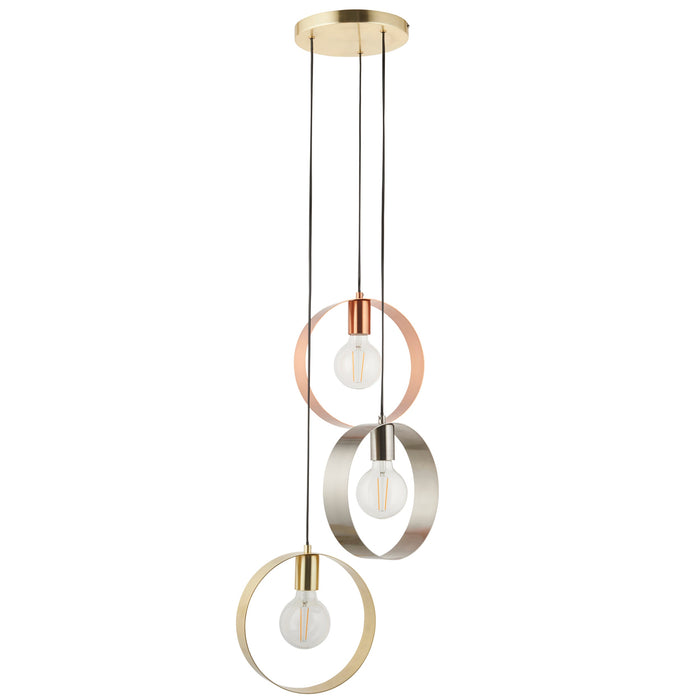 Endon 81922 Hoop 3lt Pendant Brushed brass, nickel & copper plate 3 x 40W E27 GLS (Required) - westbasedirect.com