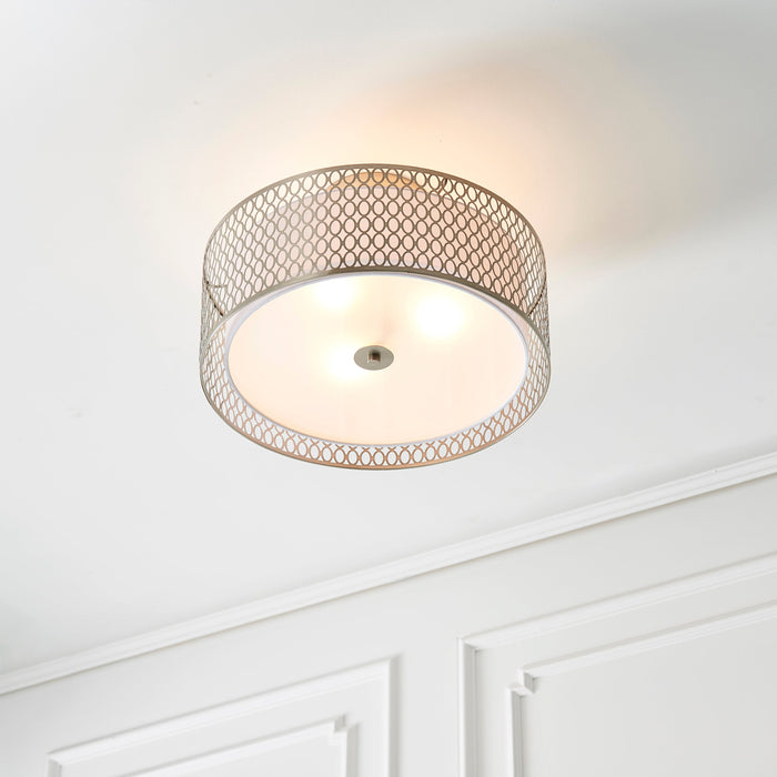 Endon 81966 Cordero 3lt Flush Satin nickel plate, white fabric & frosted glass 3 x 10W LED E27 (Required) - westbasedirect.com