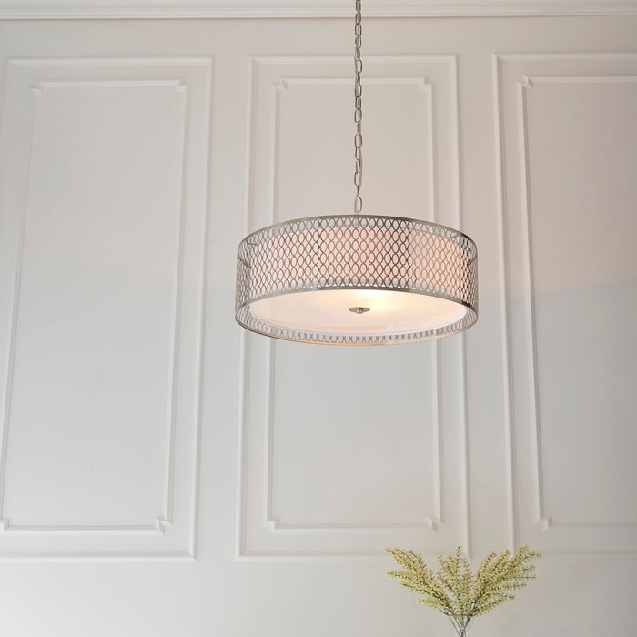 Endon 81969 Cordero 3lt Pendant Satin nickel plate, white fabric & frosted glass 3 x 10W LED E27 (Required) - westbasedirect.com