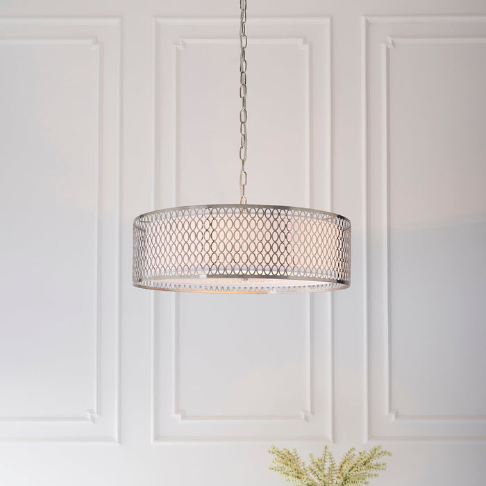 Endon 81969 Cordero 3lt Pendant Satin nickel plate, white fabric & frosted glass 3 x 10W LED E27 (Required) - westbasedirect.com