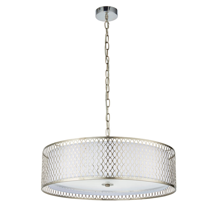 Endon 81969 Cordero 3lt Pendant Satin nickel plate, white fabric & frosted glass 3 x 10W LED E27 (Required) - westbasedirect.com