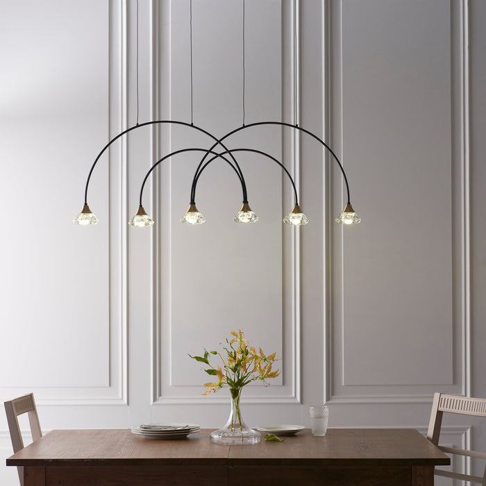 Endon 82016 Zander 6lt Pendant Matt black & brushed brass finish with clear crystal 6 x 2.16W LED (SMD 2835) Warm White - westbasedirect.com