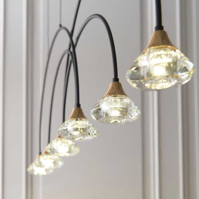 Endon 82016 Zander 6lt Pendant Matt black & brushed brass finish with clear crystal 6 x 2.16W LED (SMD 2835) Warm White - westbasedirect.com