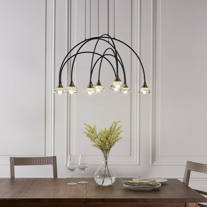 Endon 82018 Zander 9lt Pendant Matt black & brushed brass finish with clear crystal 9 x 2.05W LED (SMD 2835) Warm White - westbasedirect.com