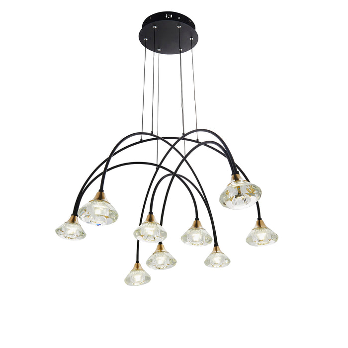 Endon 82018 Zander 9lt Pendant Matt black & brushed brass finish with clear crystal 9 x 2.05W LED (SMD 2835) Warm White - westbasedirect.com