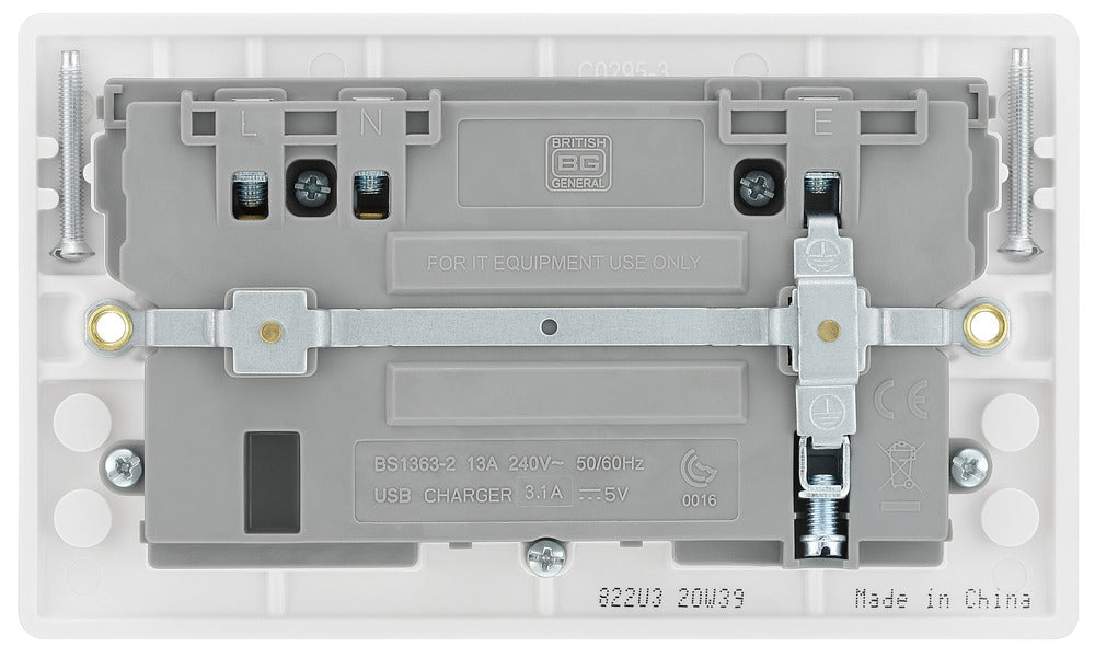 BG 822U3 White Round Edge 13A Double Socket + 2x USB - westbasedirect.com