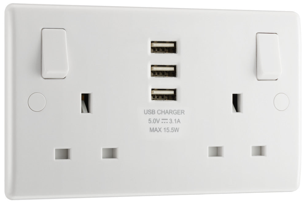 BG 822U33 White Round Edge 13A Double Socket + 3x USB - westbasedirect.com