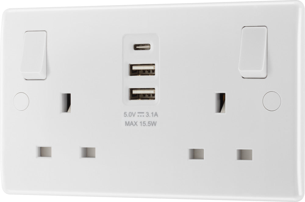 BG 822UAAC15 White Round Edge 13A Double Socket + 2xUSB A +1xUSB C(15W) - westbasedirect.com